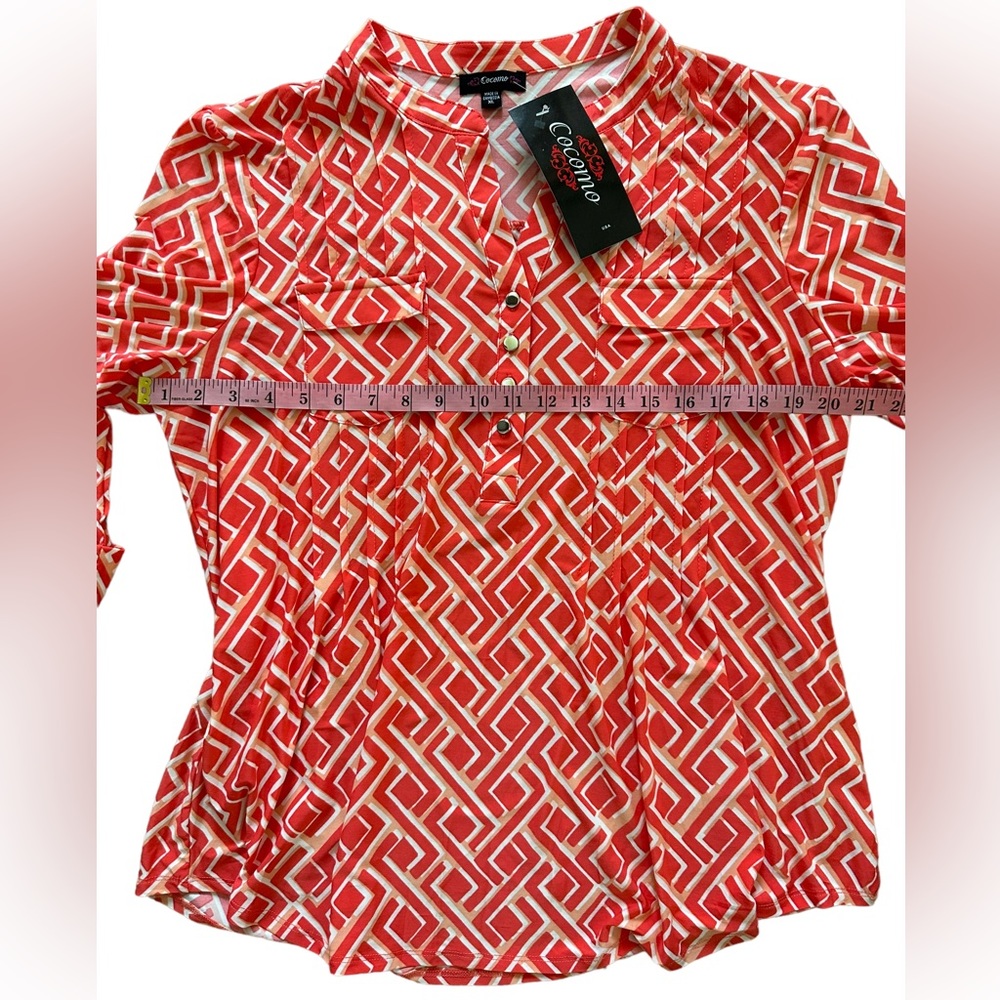 COCOMO XL Coral orange white 3/4 sleeve women’s Pintuck Blouse top shirt - Picture 12 of 15